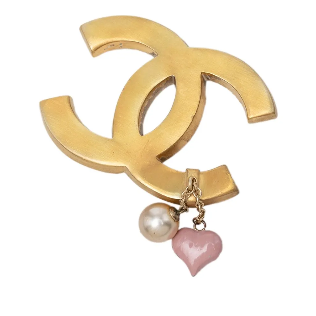 Chanel CC Gold Plated Enamel and Faux Pearl Brooch Gold Metal Very good - Front View