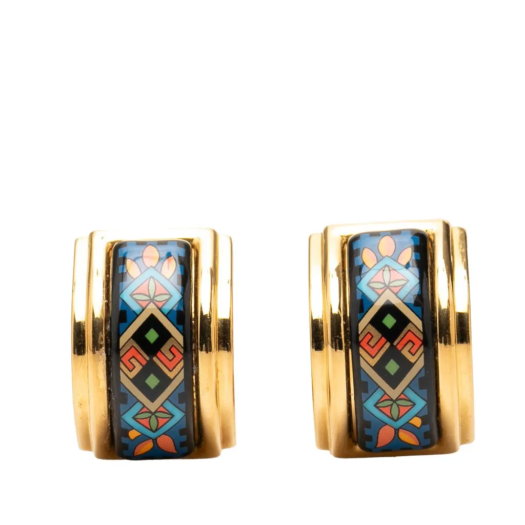 Hermès Gold Plated Enamel Cloisonne Clip On Earrings Blue Very good - Front View