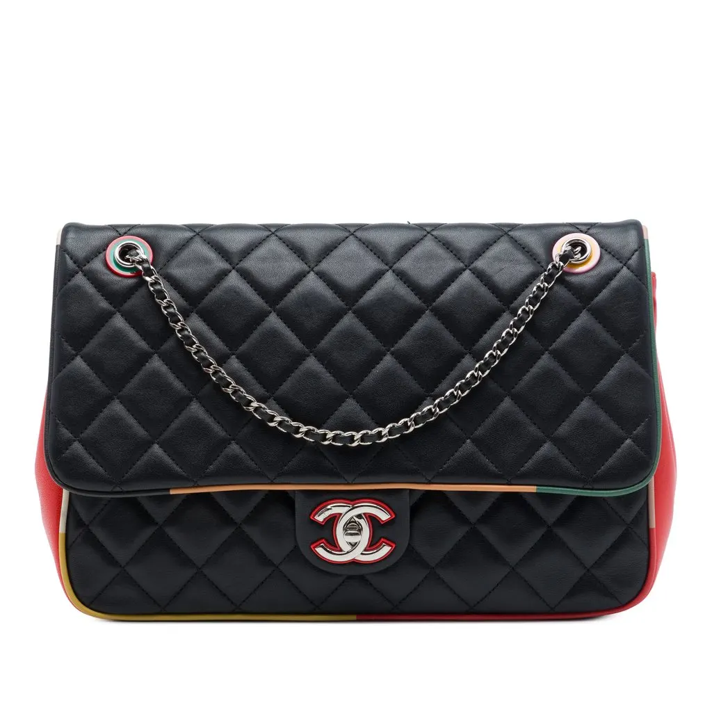 Chanel Jumbo Quilted Lambskin Acrylic Cuba Color Flap Black Leather Very good - Front View