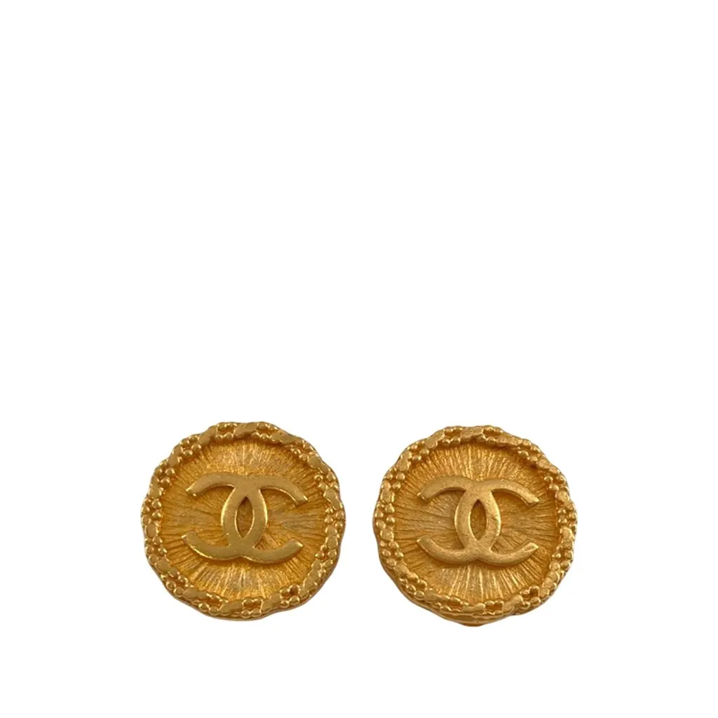 Chanel CC Gold Plated Sunburst Round Clip On Earrings Gold Metal Very good - Front View