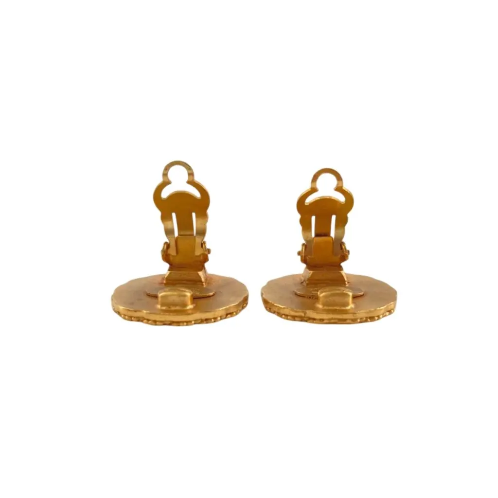 Chanel CC Gold Plated Sunburst Round Clip On Earrings Gold Metal Very good - Model View