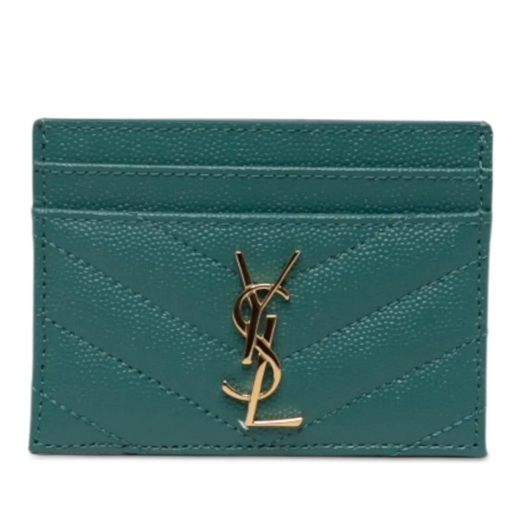 Saint Laurent Grain De Poudre Monogram Cassandre Card Case Green Leather Never worn - Front View