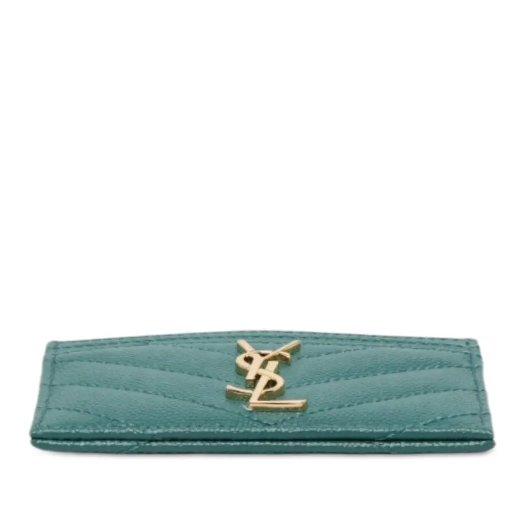 Saint Laurent Grain De Poudre Monogram Cassandre Card Case Green Leather Never worn - Inside View