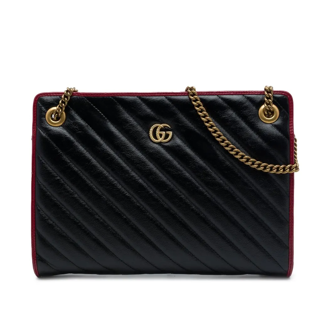 Gucci GG Marmont Bicolor Matelasse Diagonal Calfskin Torchon Shoulder Bag Black Leather Very good - Front View