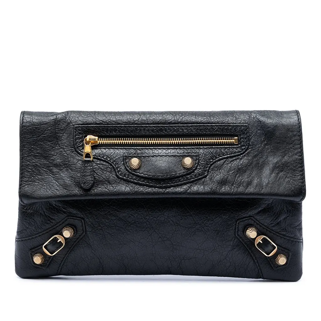 Balenciaga Lambskin Motocross Giant 12 Envelope Clutch Black Leather Very good - Front View