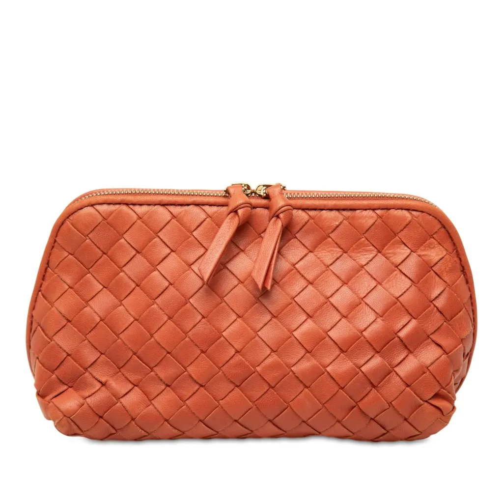 Bottega Veneta Nappa Intrecciato Cosmetic Pouch Orange Leather Very good - Front View