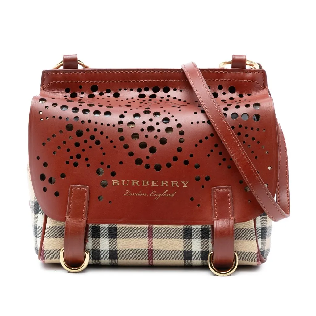 Burberry Baby Haymarket Check Coated Canvas and Perforated Leather Bridle Crossbody Beige Good - Front View
