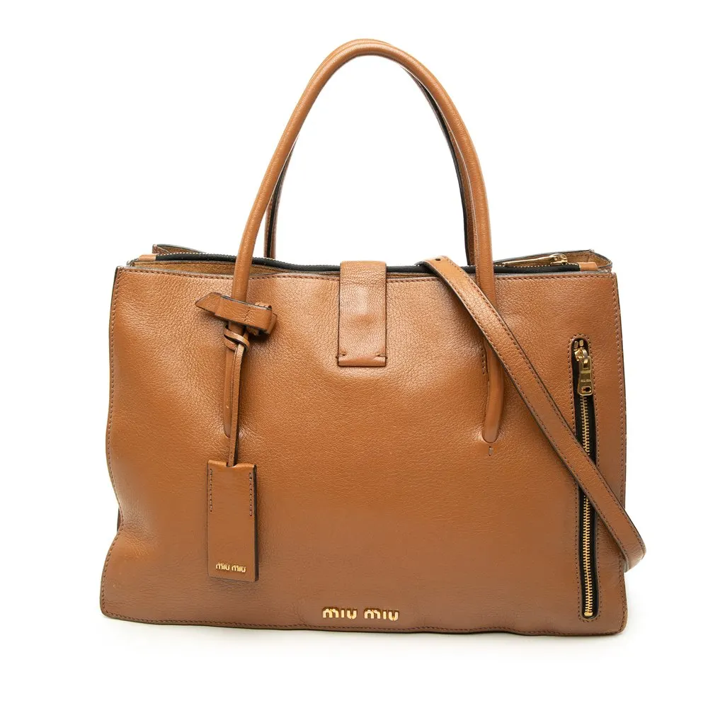 Miu Miu Goatskin Madras Satchel Brown Leather Good - Front View