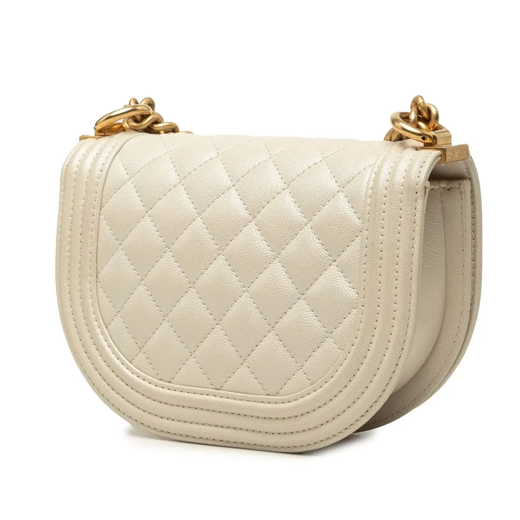 Chanel Small Quilted Caviar Boy Messenger Bag White Leather Very good - Back View