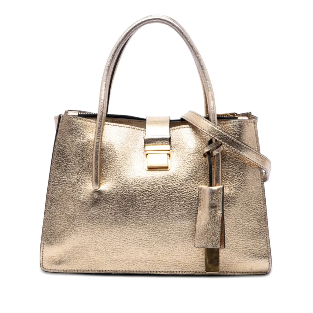 Miu Miu Metallic Goatskin Madras Push Lock Tote Gold Leather Very good - Front View