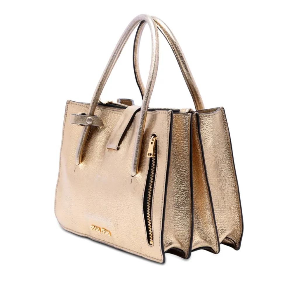 Miu Miu Metallic Goatskin Madras Push Lock Tote Gold Leather Very good - Back View