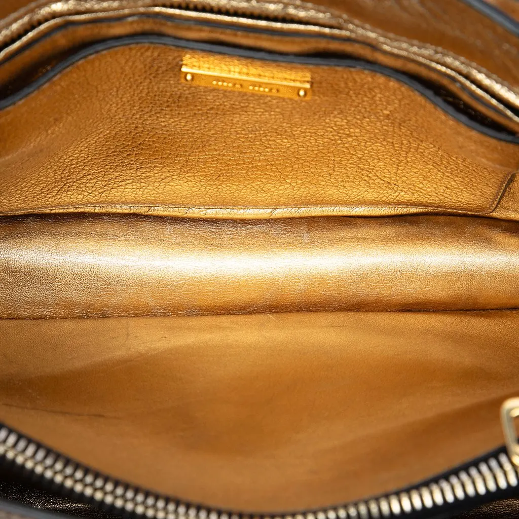 Miu Miu Metallic Goatskin Madras Push Lock Tote Gold Leather Very good - Model View