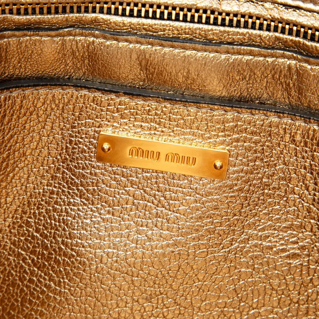 Miu Miu Metallic Goatskin Madras Push Lock Tote Gold Leather Very good - Box View