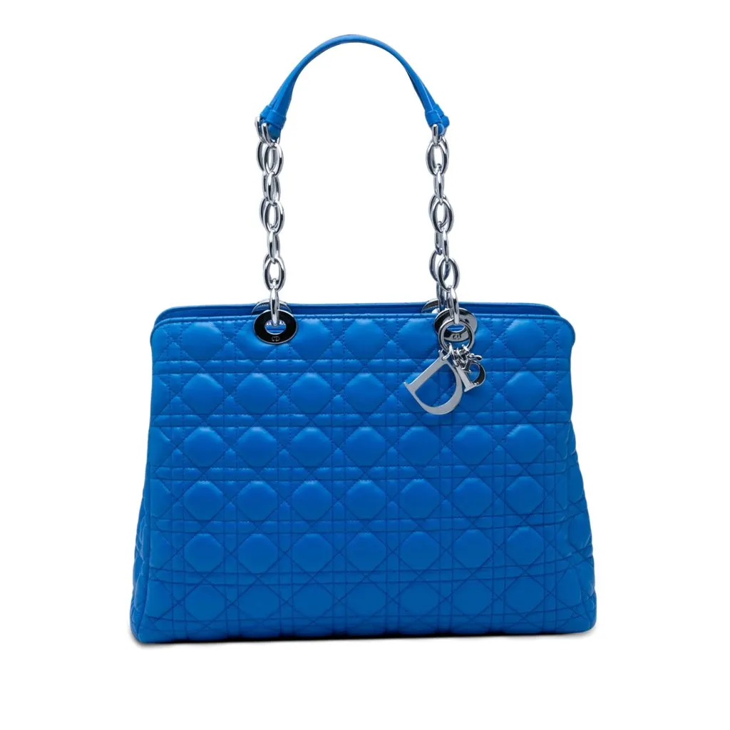 Dior Large Lambskin Cannage Soft Zipped Lady Dior Shopping Tote Blue Leather Very good - Front View