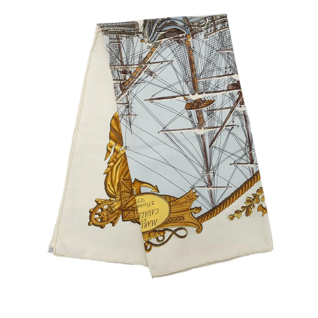 Hermès Marine et Cavalerie Silk Scarf 90 White Silk Very good - Front View