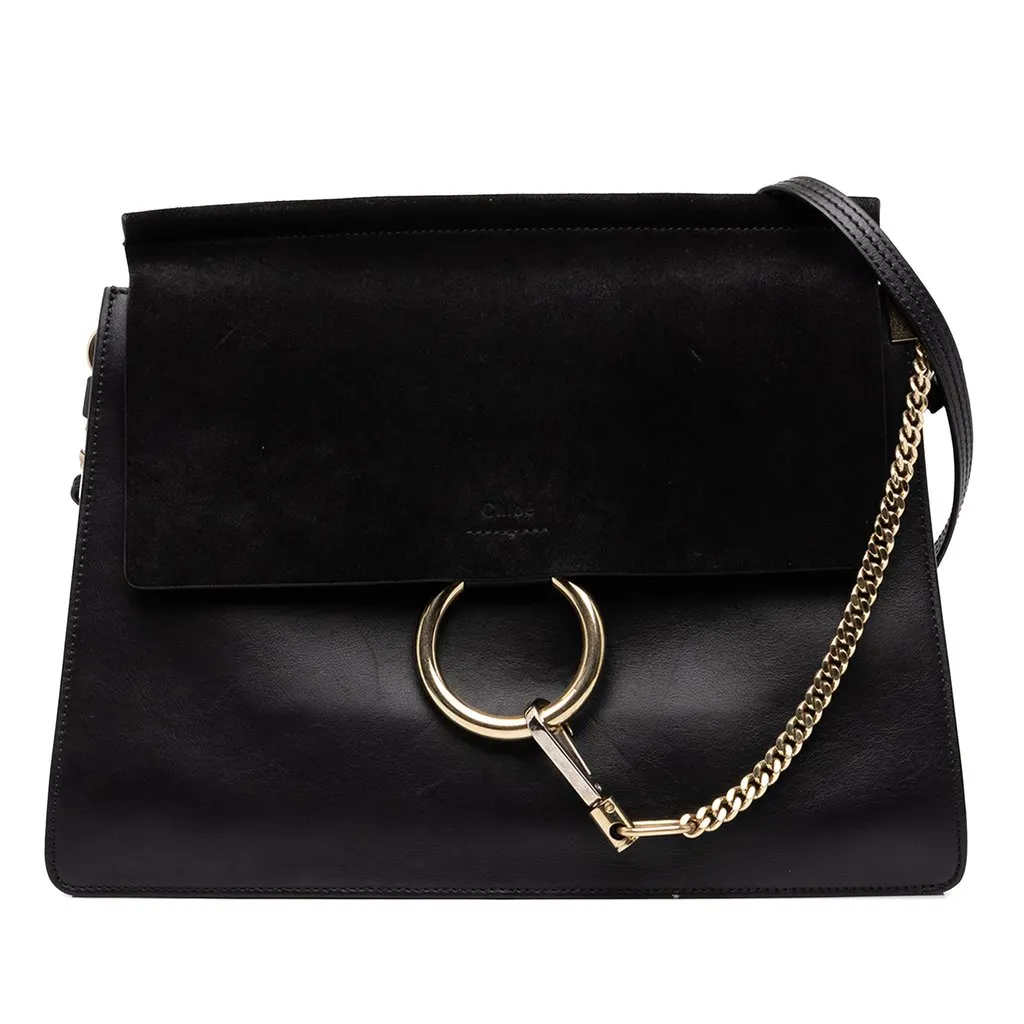 Chloé Medium Calfskin and Suede Faye Crossbody Black Leather Good - Front View