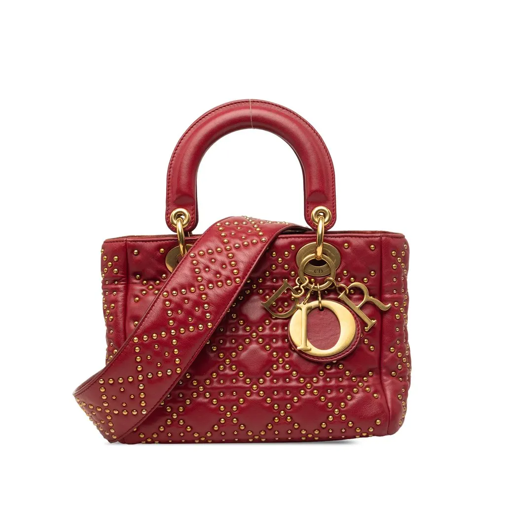Dior Small Lambskin Cannage Studded Supple Lady Dior Red Leather Very good - Front View