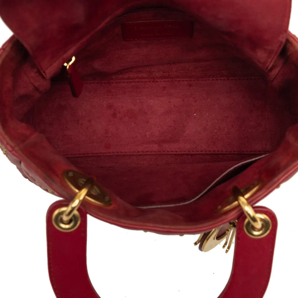 Dior Small Lambskin Cannage Studded Supple Lady Dior Red Leather Very good - Model View