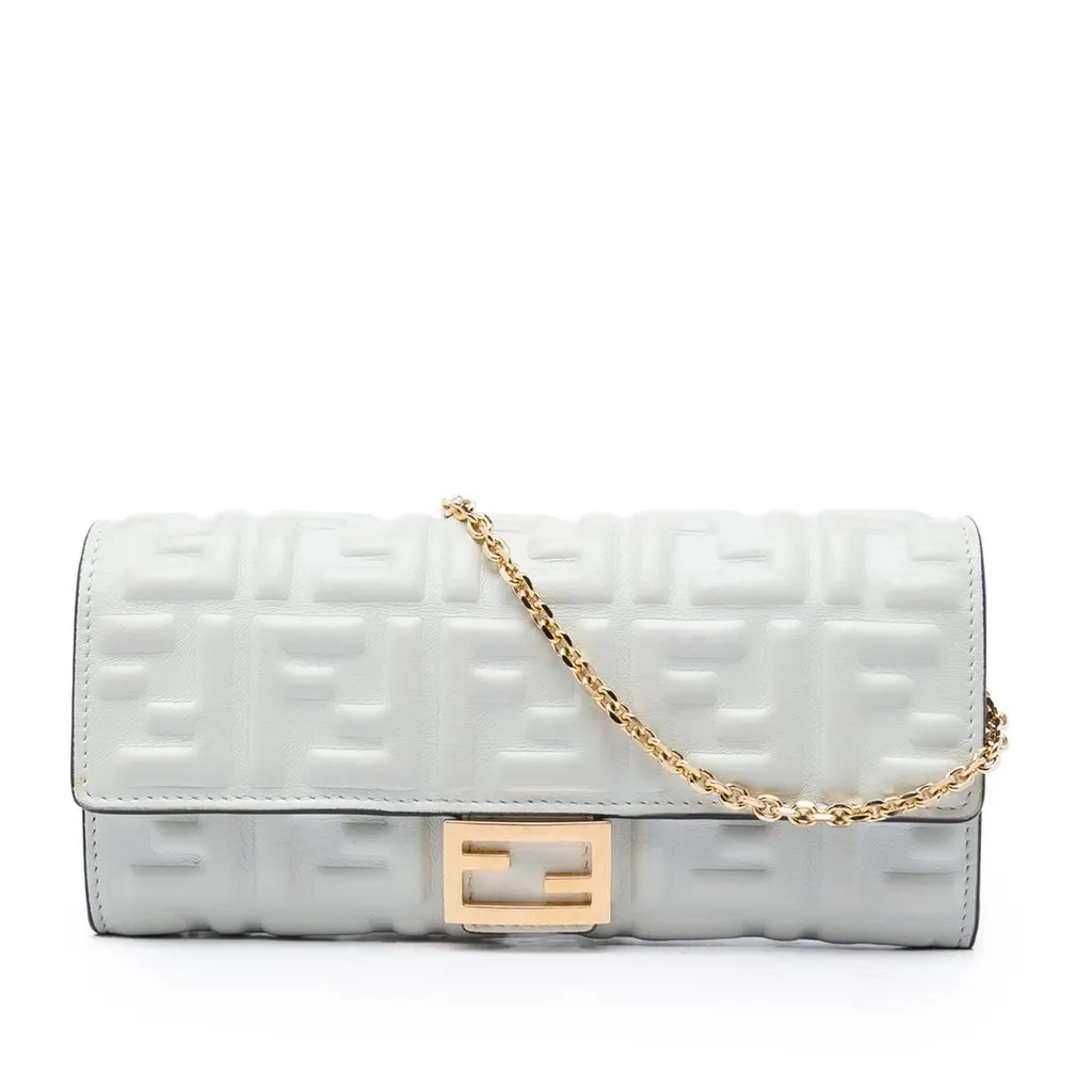 Fendi Zucca Embossed Nappa Baguette Continental Wallet With Chain White Leather Very good - Front View