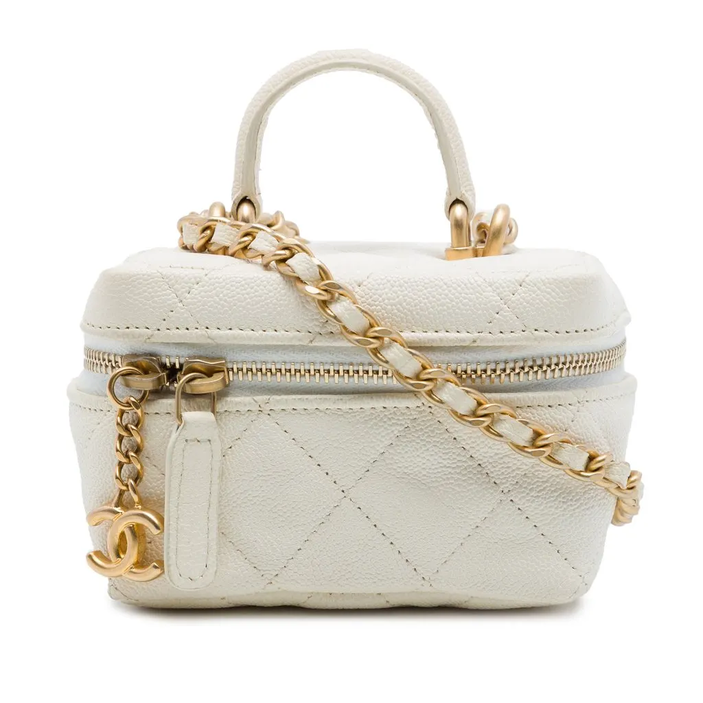 Chanel Mini Caviar Chain Zip Around Vanity Case White Leather Very good - Front View