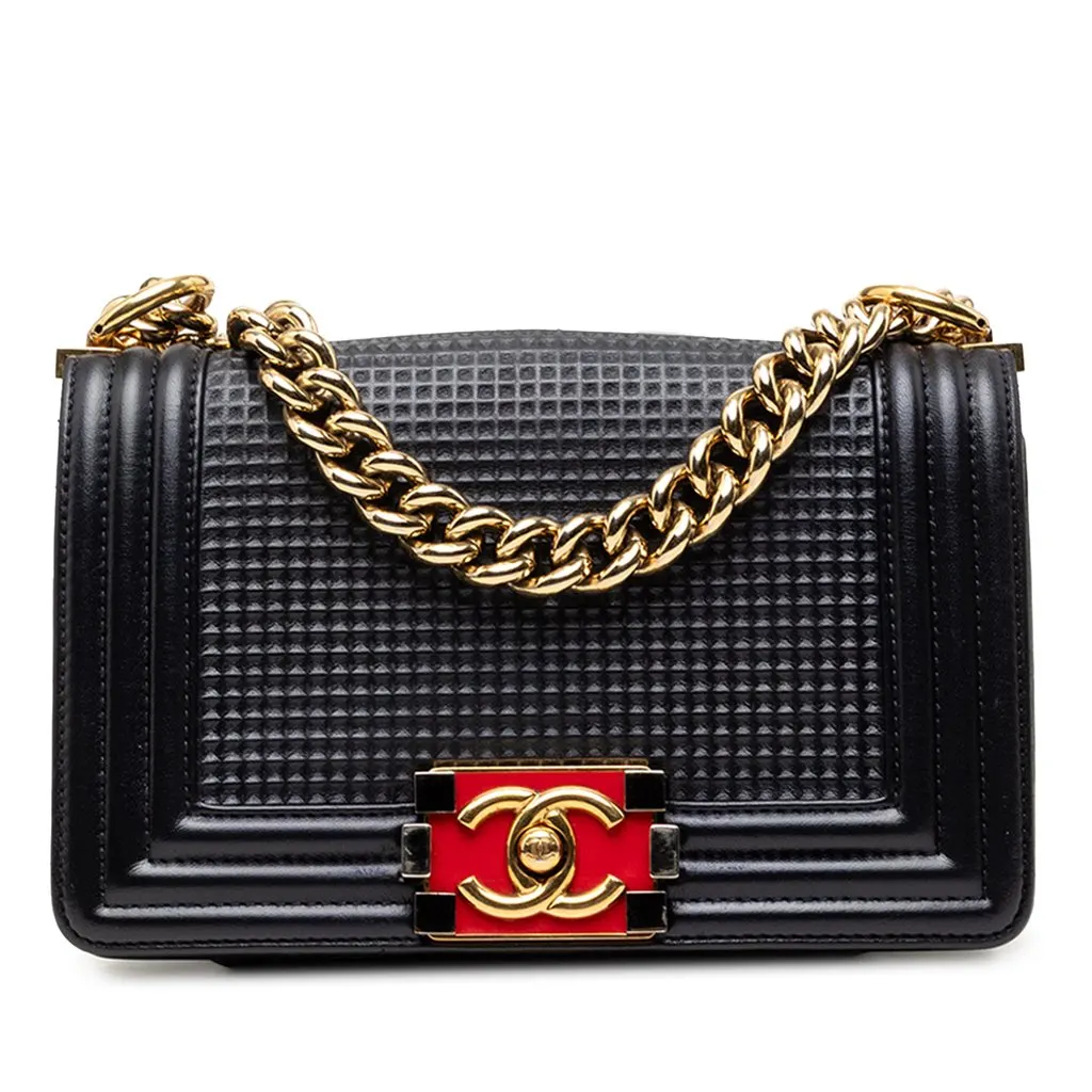 Chanel Small Lambskin Embossed Cube Boy Flap Blue Leather Very good - Front View