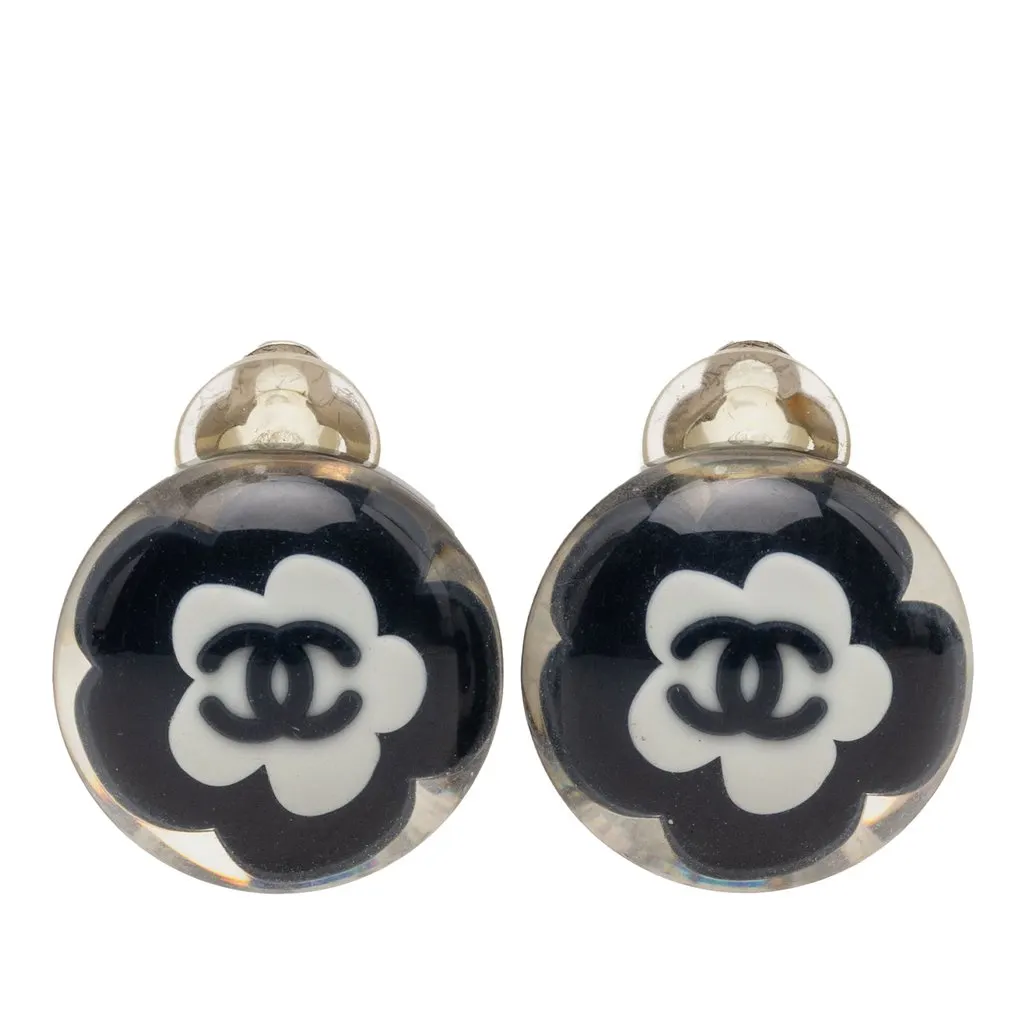 Chanel CC Resin Flower Clip On Earrings Black Plastic Very good - Front View