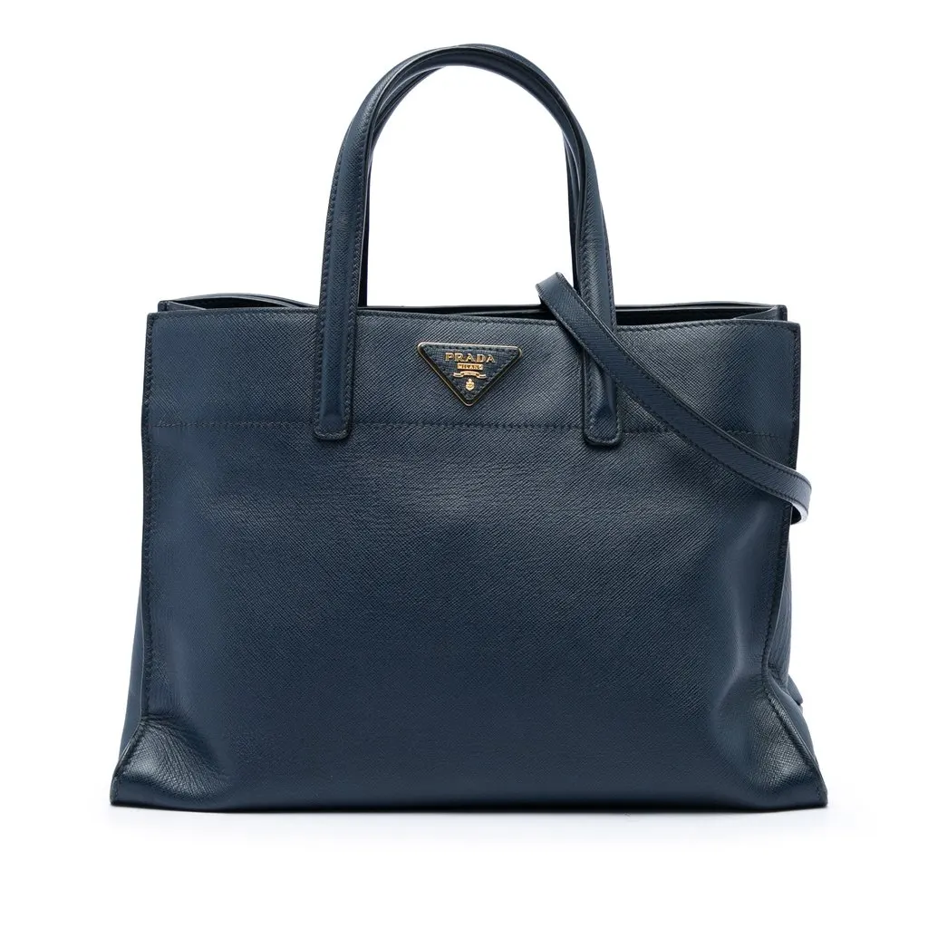 Prada Saffiano Soft Triple Pocket Tote Blue Leather Good - Front View