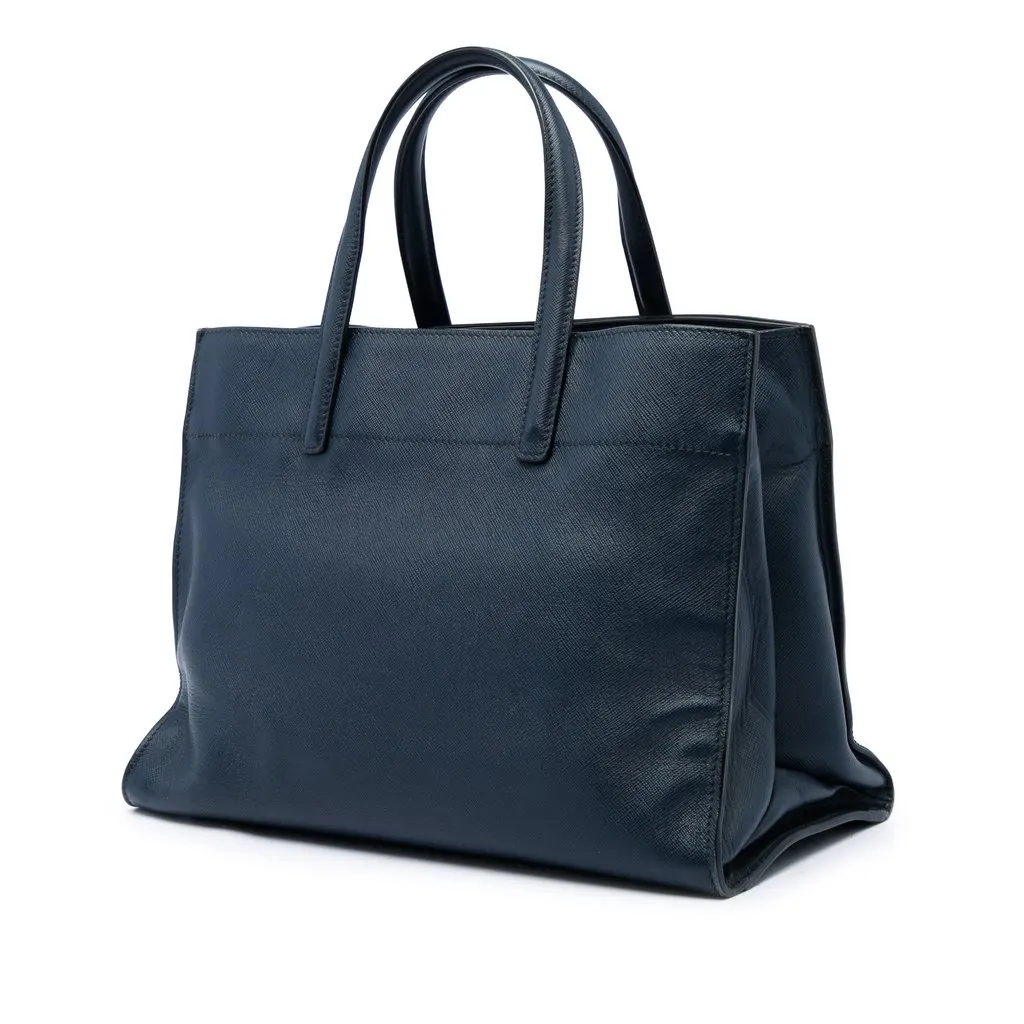 Prada Saffiano Soft Triple Pocket Tote Blue Leather Good - Back View