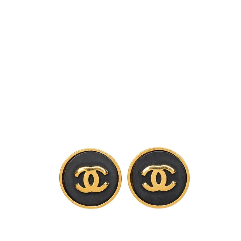 Chanel CC Gold Plated and Resin Round Clip On Earrings Gold Metal Very good - Front View