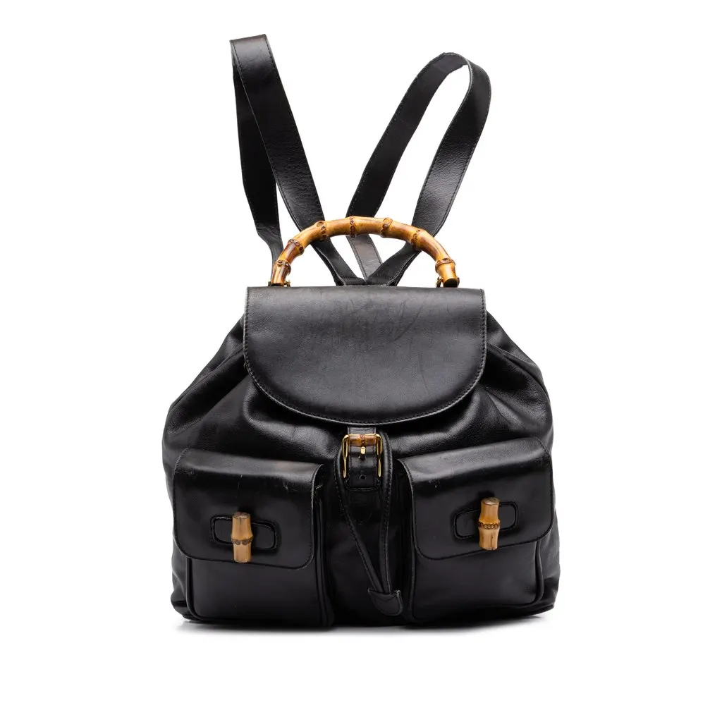Gucci Large Calfskin Bamboo Drawstring Backpack Black Leather Good - Front View