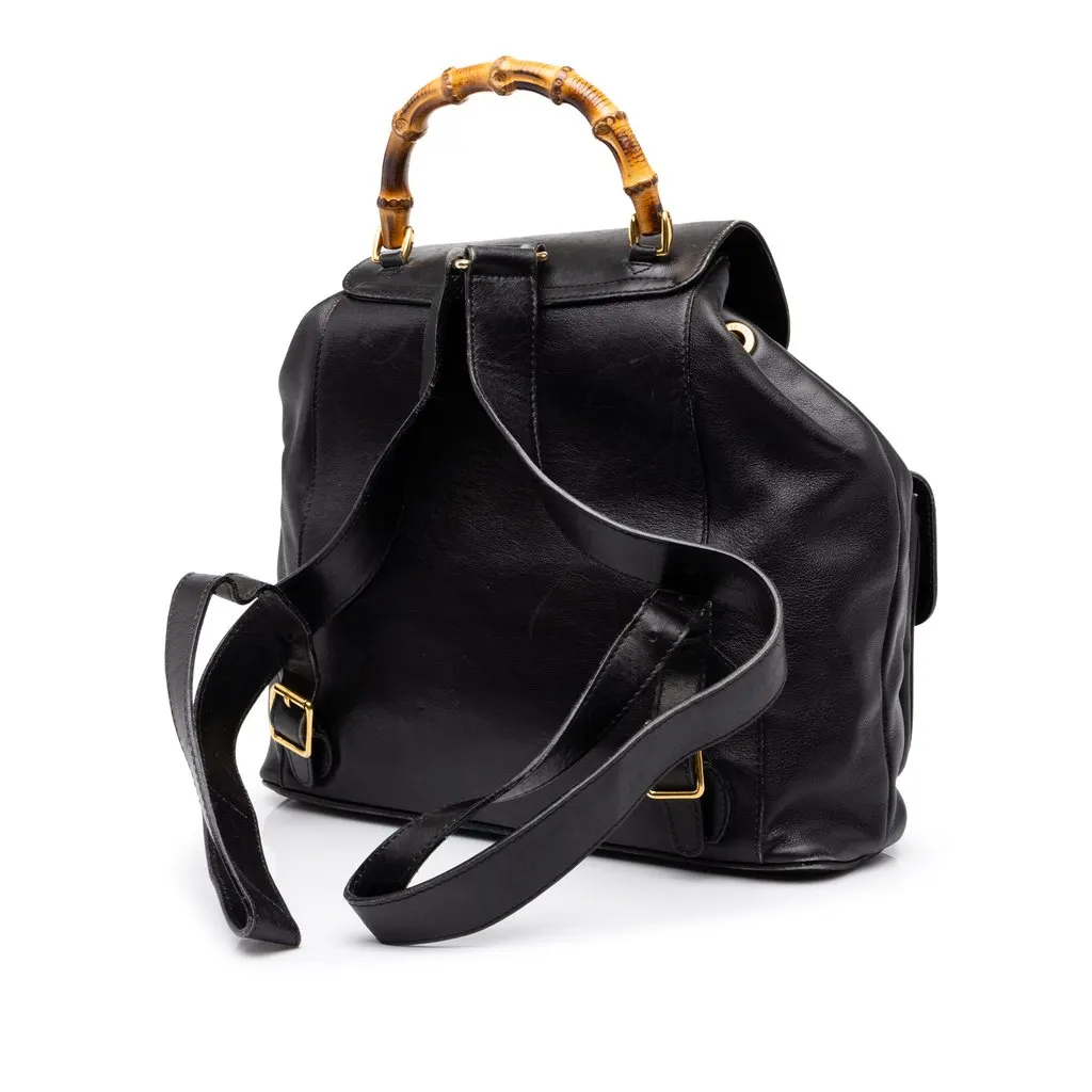 Gucci Large Calfskin Bamboo Drawstring Backpack Black Leather Good - Back View