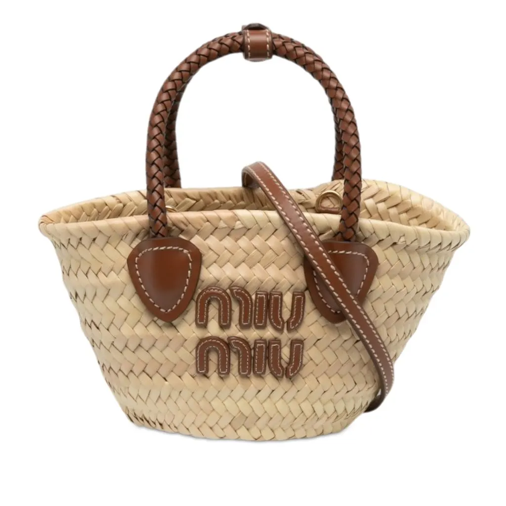 Miu Miu Raffia Logo Braided Top Handle Bag Beige Rattan Very good - Front View