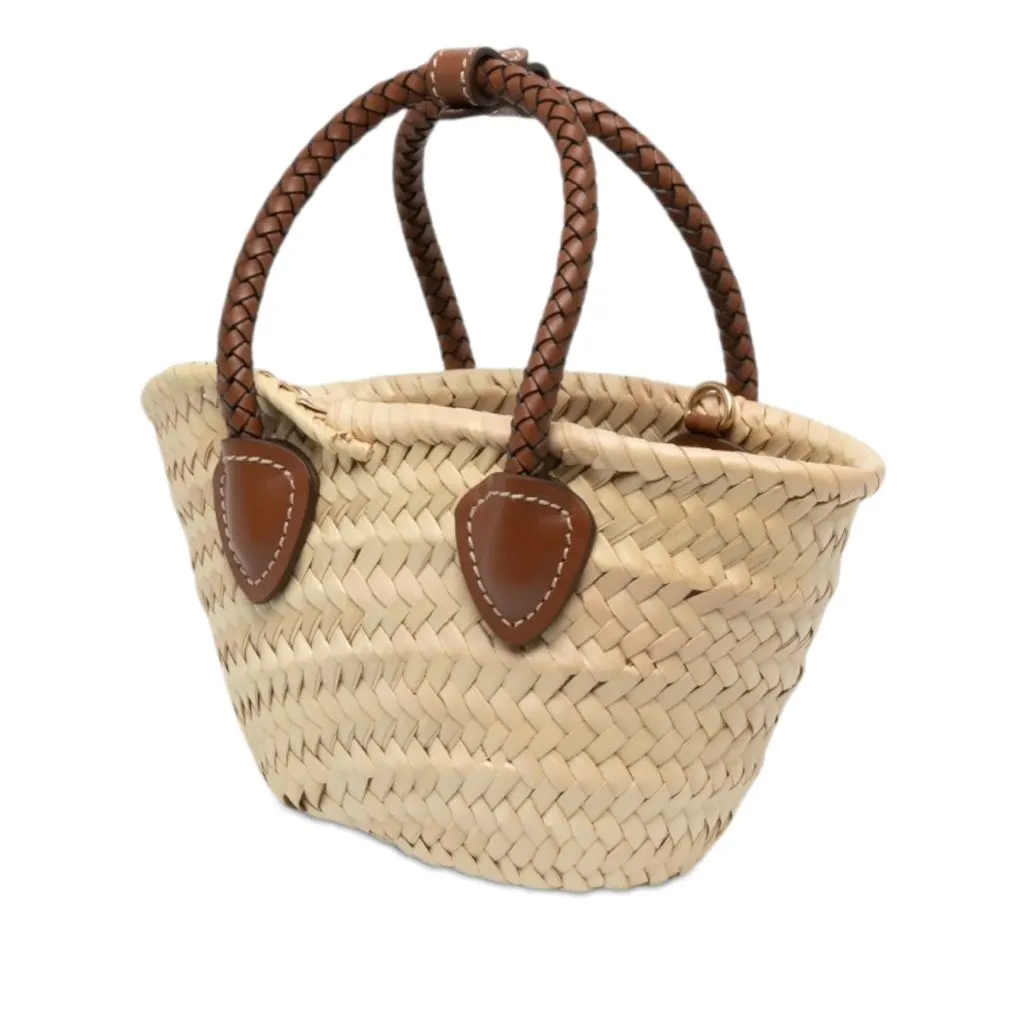 Miu Miu Raffia Logo Braided Top Handle Bag Beige Rattan Very good - Back View