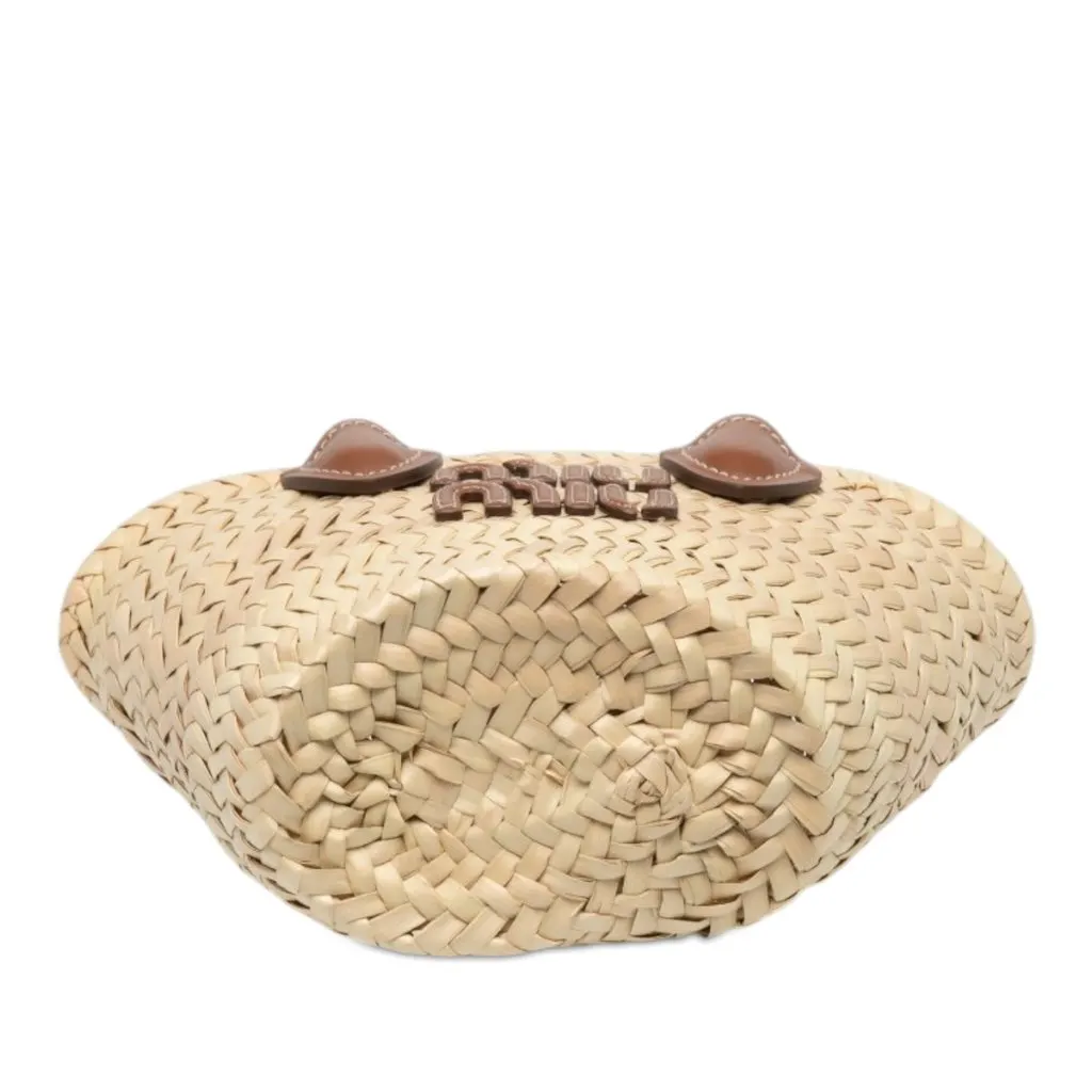 Miu Miu Raffia Logo Braided Top Handle Bag Beige Rattan Very good - Inside View