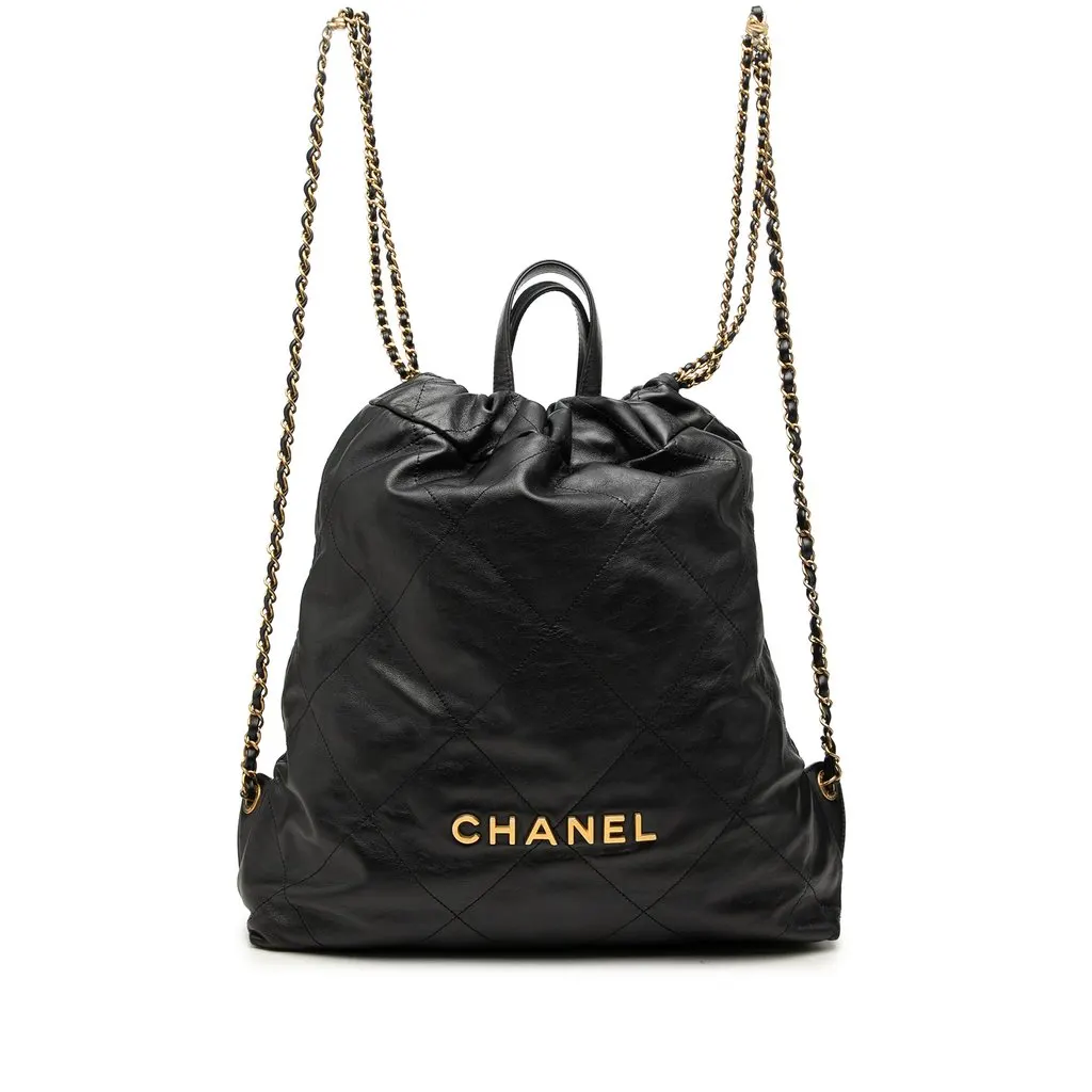 Chanel Large Quilted Shiny Calfskin 22 Backpack Black Leather Good - Front View