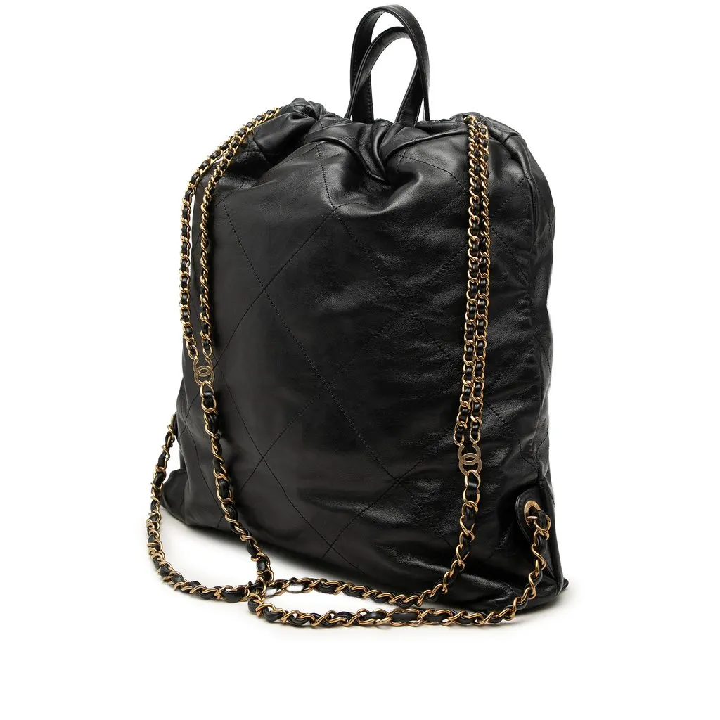 Chanel Large Quilted Shiny Calfskin 22 Backpack Black Leather Good - Back View