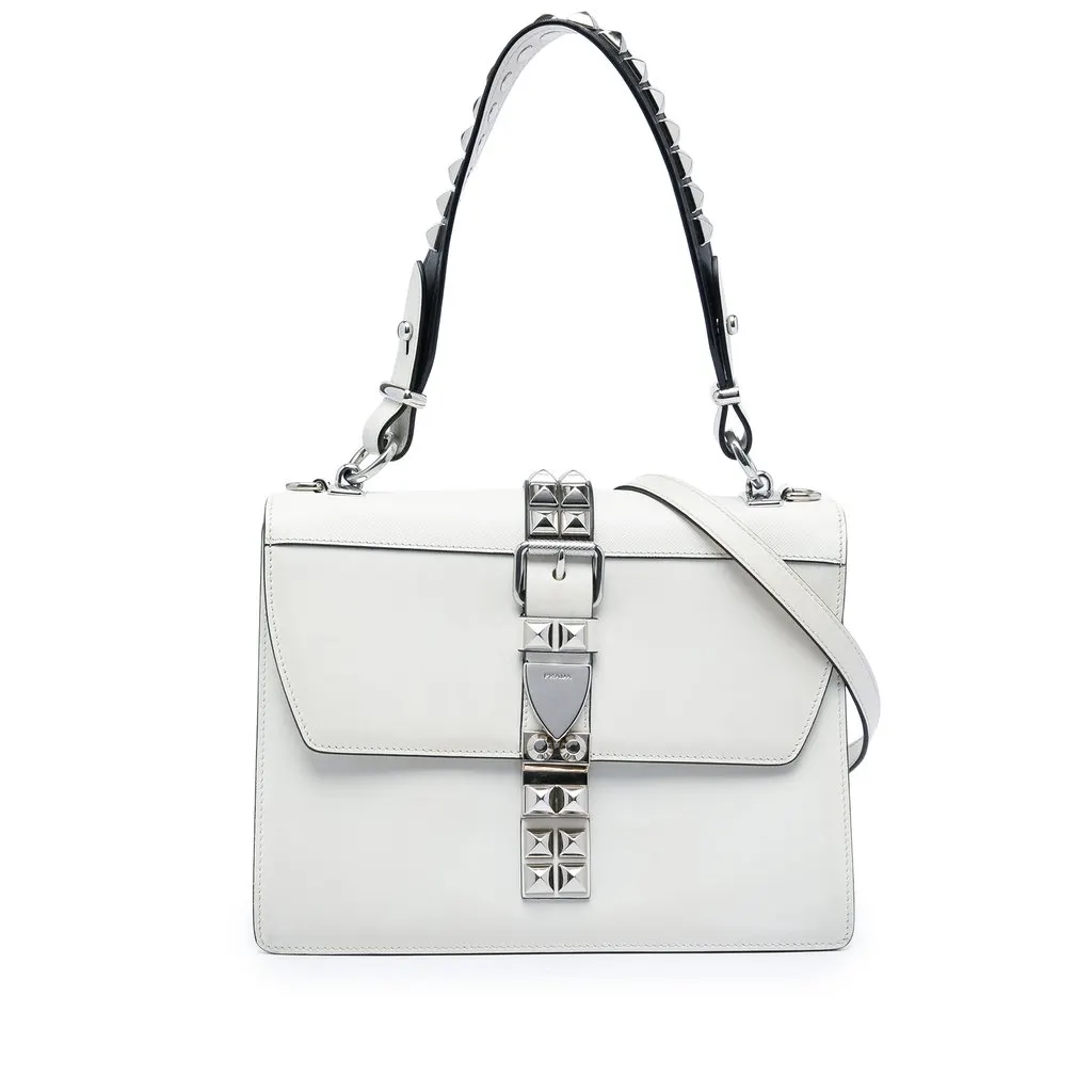 Prada City Calf and Saffiano Studded Elektra Satchel White Leather Very good - Front View
