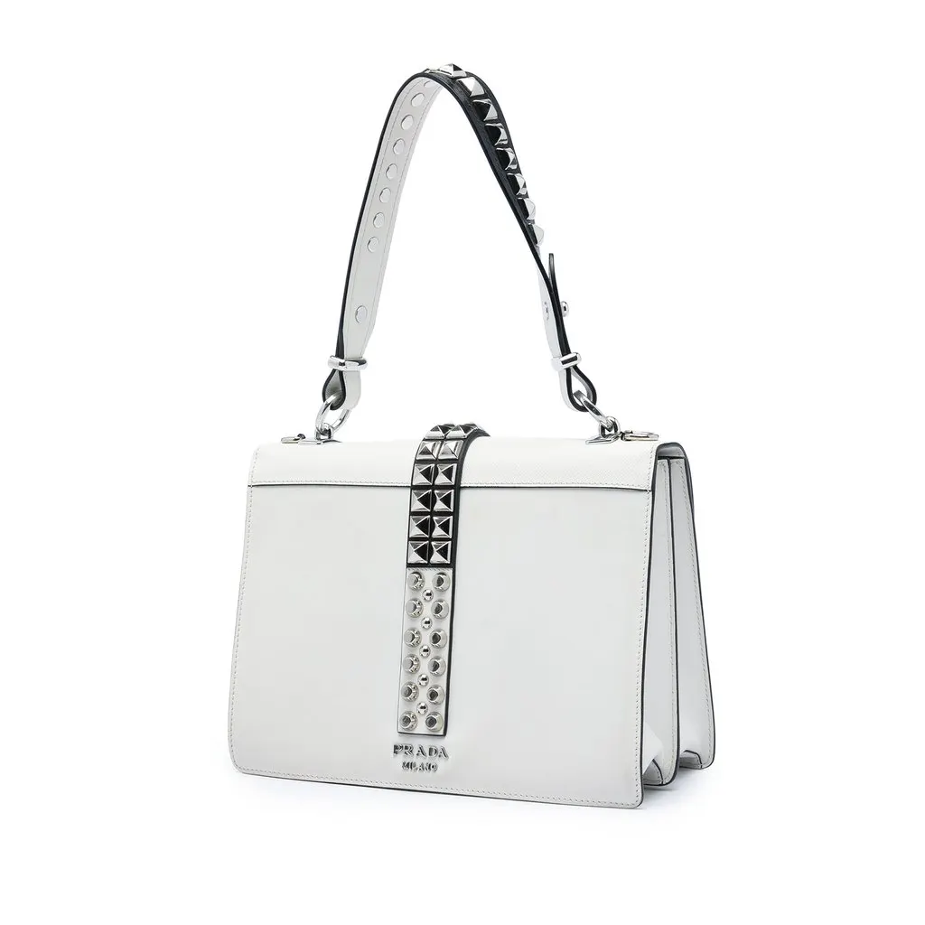 Prada City Calf and Saffiano Studded Elektra Satchel White Leather Very good - Back View