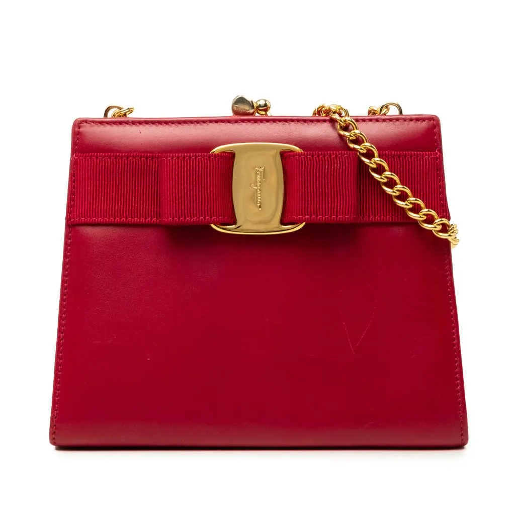 Ferragamo Leather Vara Bow Kiss Lock Chain Crossbody Red Leather Very good - Front View