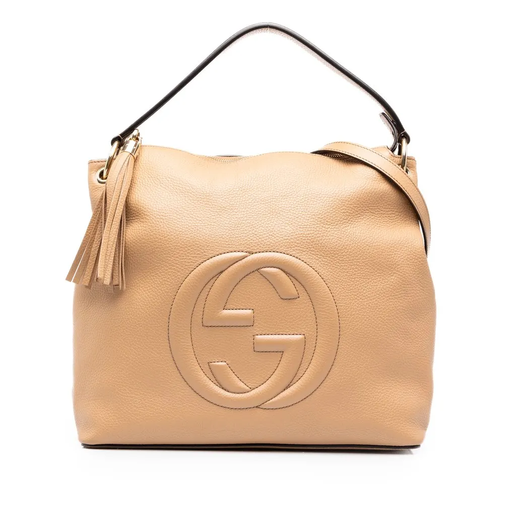 Gucci Large Pebbled Calfskin Soho Convertible Hobo Beige Leather Good - Front View