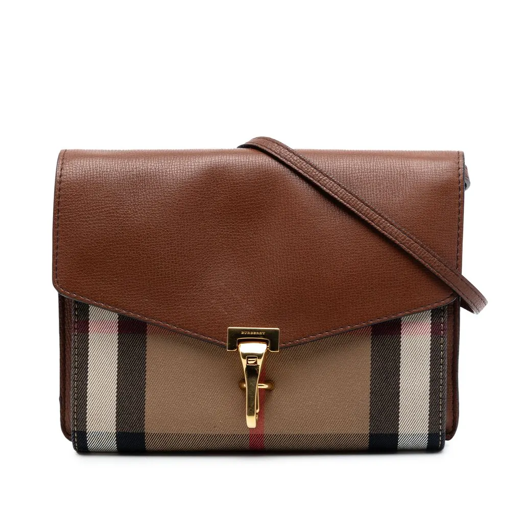 Burberry Small Leather and House Check Canvas Derby Macken Crossbody Brown Very good - Front View
