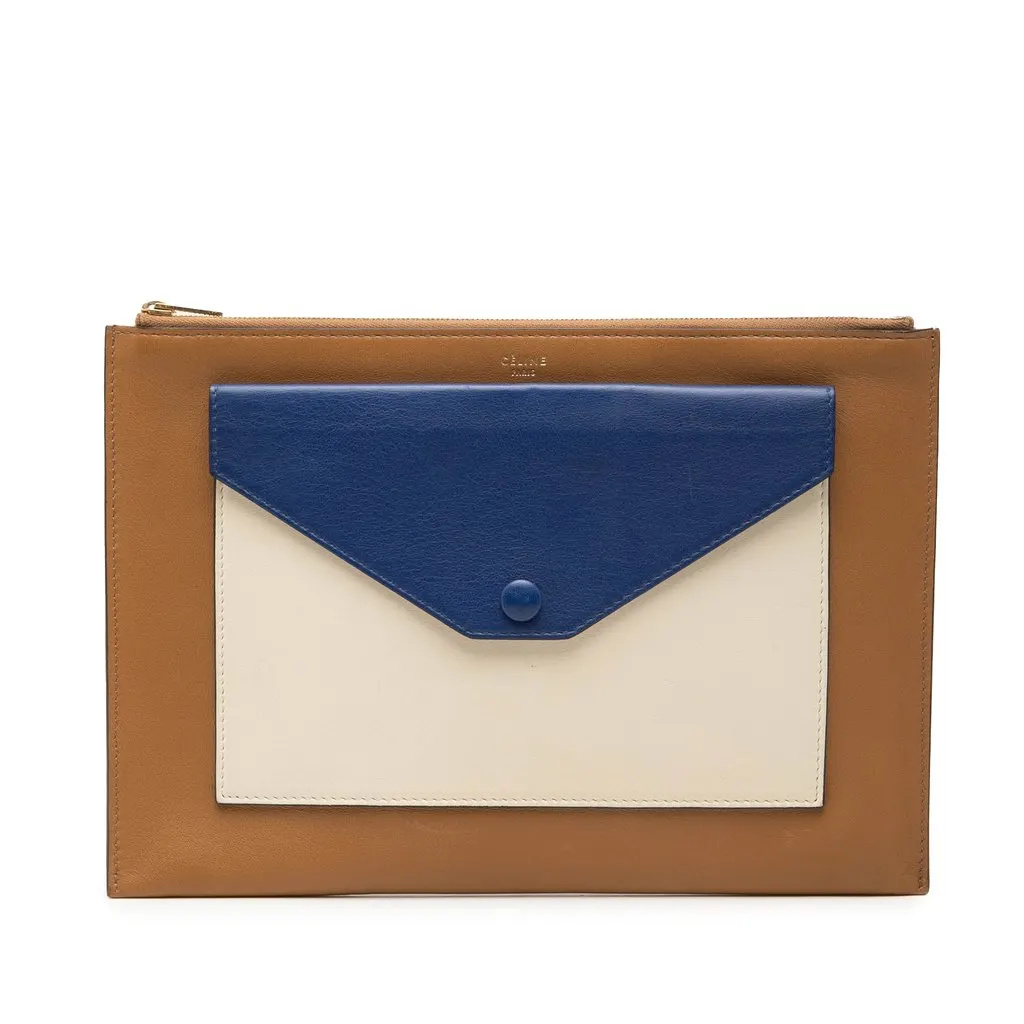 Celine Tricolor Leather Pocket Envelope Zip Clutch Brown Leather Very good - Front View