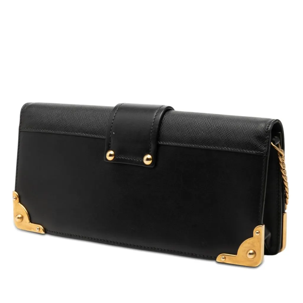 Prada City Calf and Saffiano Cahier Chain Clutch Black Leather Very good - Back View