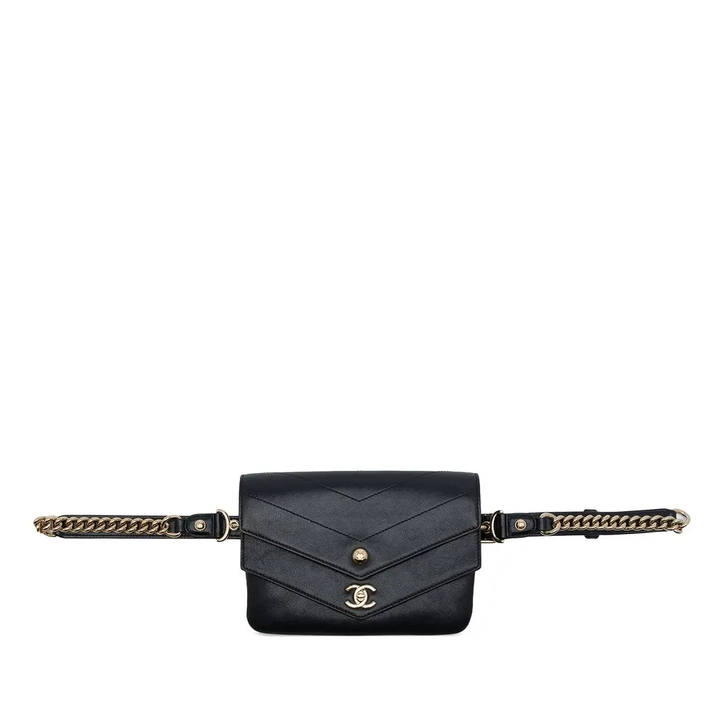 Chanel CC Chevron Sheepskin Double Envelope Flap Black Leather Very good - Front View