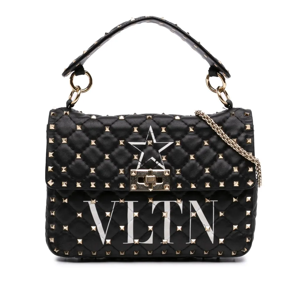 Valentino Medium Lambskin VLTN Rockstud Spike Satchel Black Leather Very good - Front View