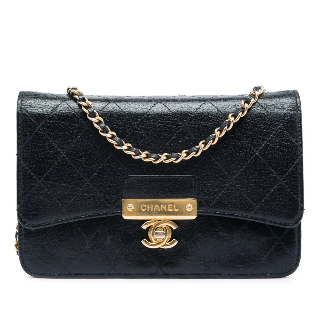 Chanel Stitched Goatskin Golden CC Wallet On Chain Black Leather Very good - Front View