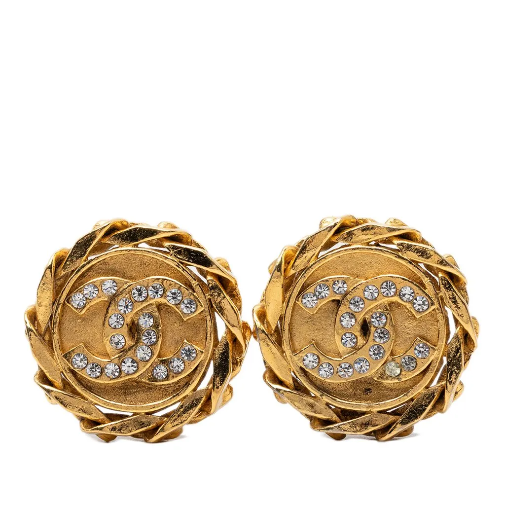 Chanel CC Gold Plated Strass Clip On Earrings Gold Metal Very good - Front View