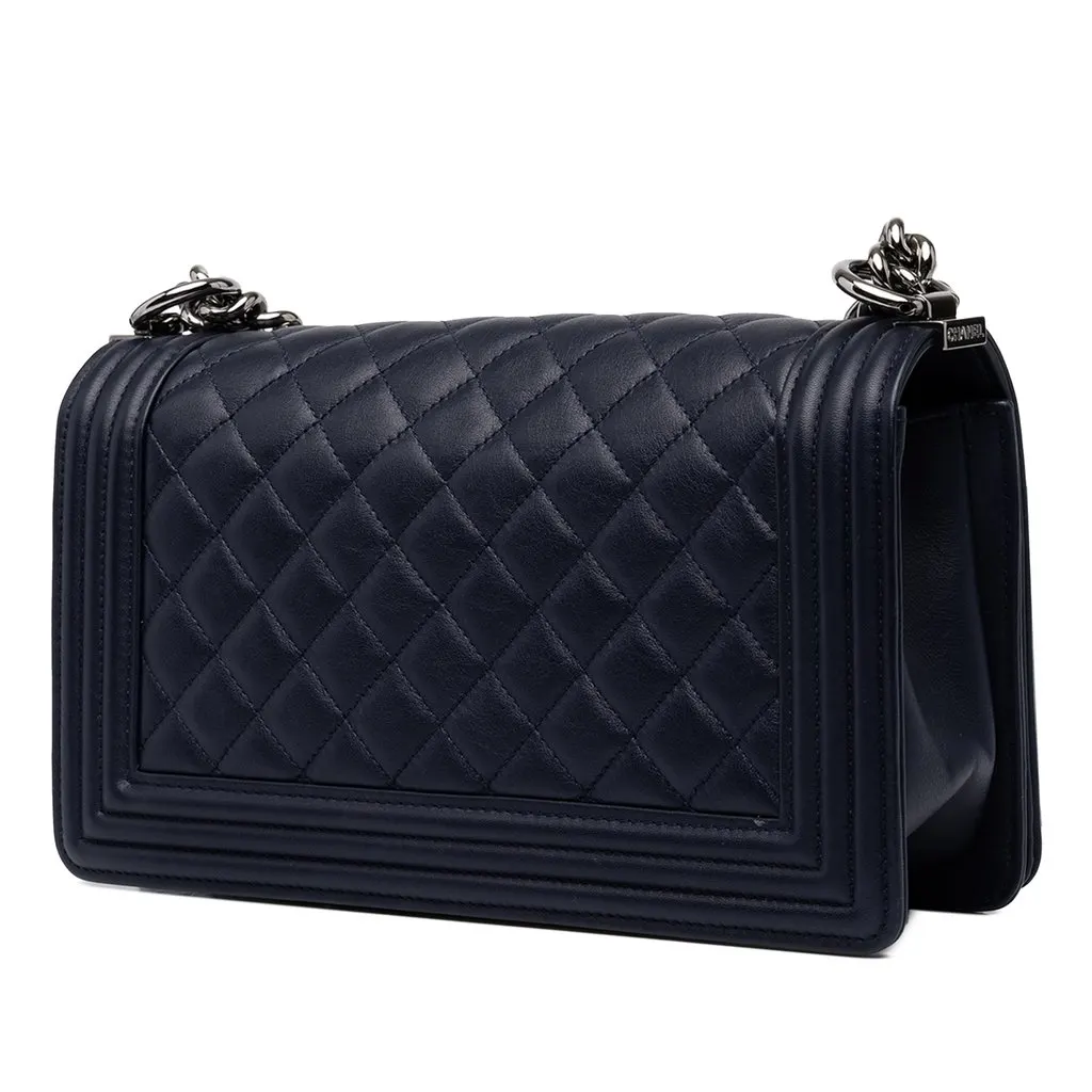Chanel Old Medium Quilted Lambskin Boy Flap Blue Leather Good - Back View