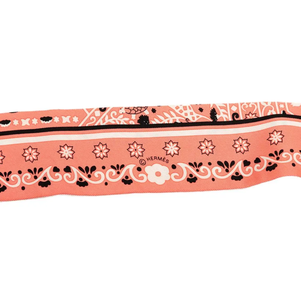 Hermès Peuple du Vent Bandana Twilly Silk Scarf Pink Very good - Model View