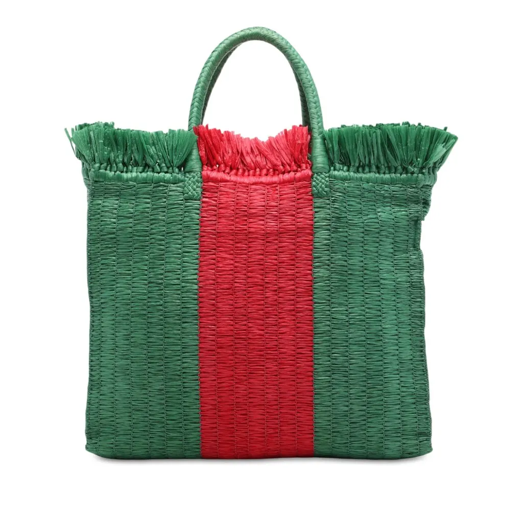 Gucci Raffia Web Cestino Tote Green Very good - Front View